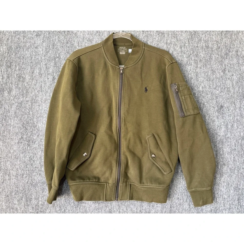 Polo Ralph Lauren Mens Olive Green Cotton Blend Full Zip Bomber Jacket Medium